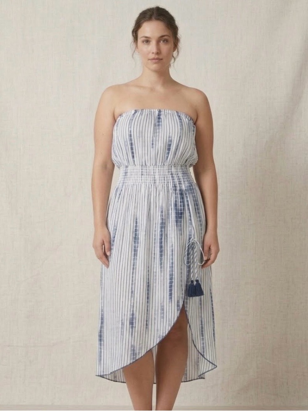 BECCA “Free Bird” Blue and White Strapless Tie-Dye Front Slit Coverup Dress Sz L